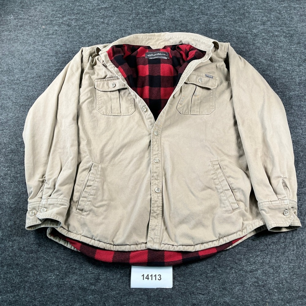 Eddie Bauer Shirt Jacket Mens Large Tan Cotton Fleece Lined Outdoor Button Front